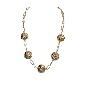 Authentic Cultured White Keshi Pearl Bezel Set Gold Plated Chain Station Necklace 25"