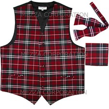 New Vesuvio Napoli Men's plaid Tuxedo Vest Self Tie Bowtie Hankie set Red