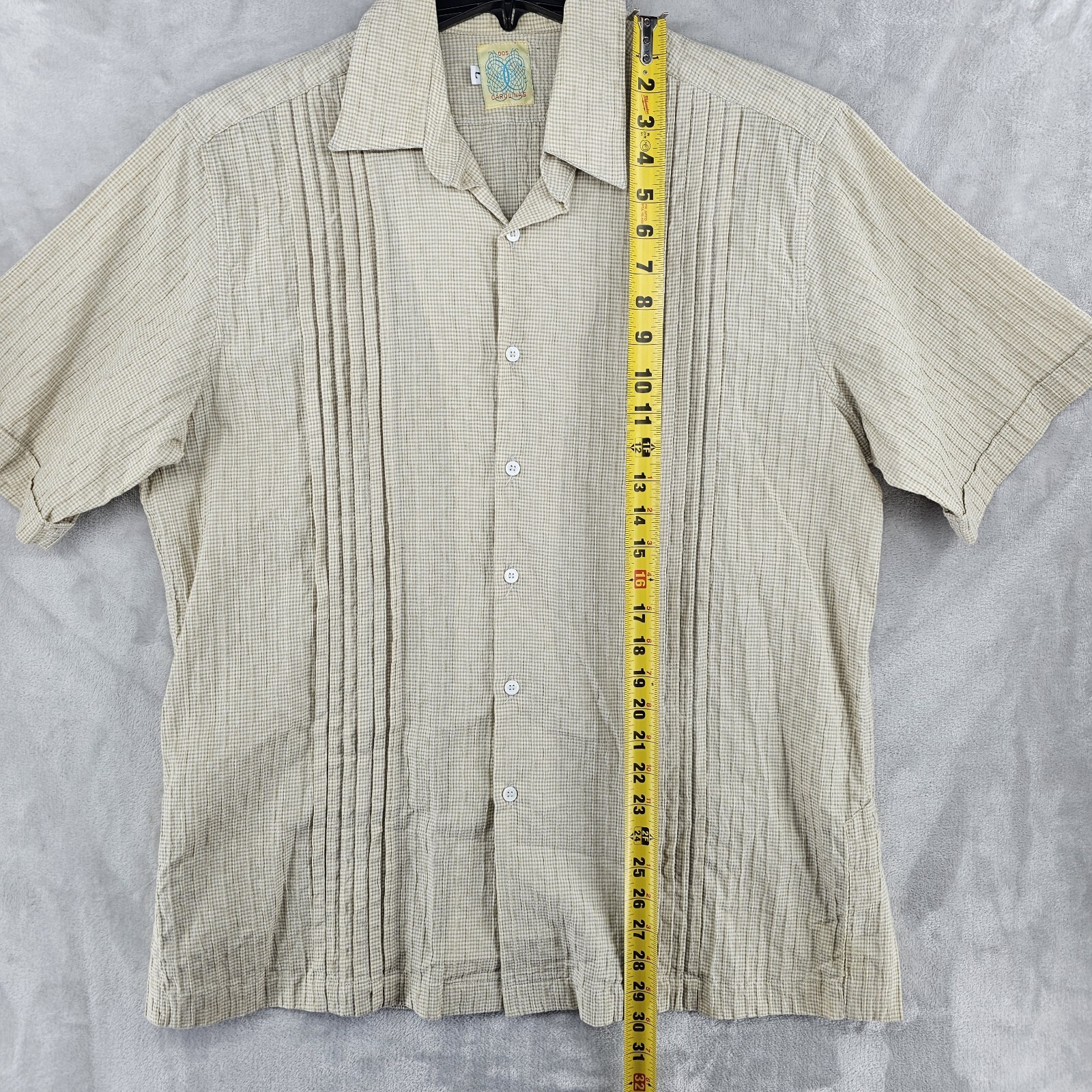 Vintage Dos Carolinas Guayabera Shirt Mens Large Beige Short Sleeve