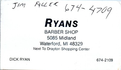 #ad Dick Ryans Barber Shop Waterford Michigan Business Card Vintage Jim Fuller $11.88