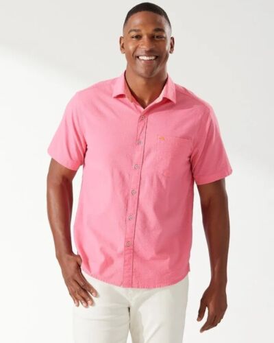Tommy Bahama Nova Wave Men Shirt SMALL Short Sleeve Pink Button Front $115 NWT