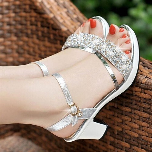Woman Sandals High-Heeled Shoes Sandals Buckle Rhinestone Thick with Open Toe - Imagen 8 de 16