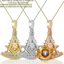 Real Genuine Diamond 0.75 Cwt  Masonic Freemason Past Master Pendant Charm Chain
