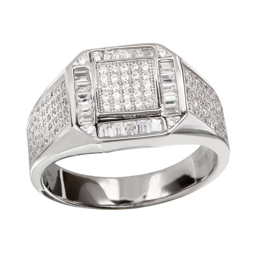 Men's Sterling Silver Square Shape Ring w/ 204 Micro Pave