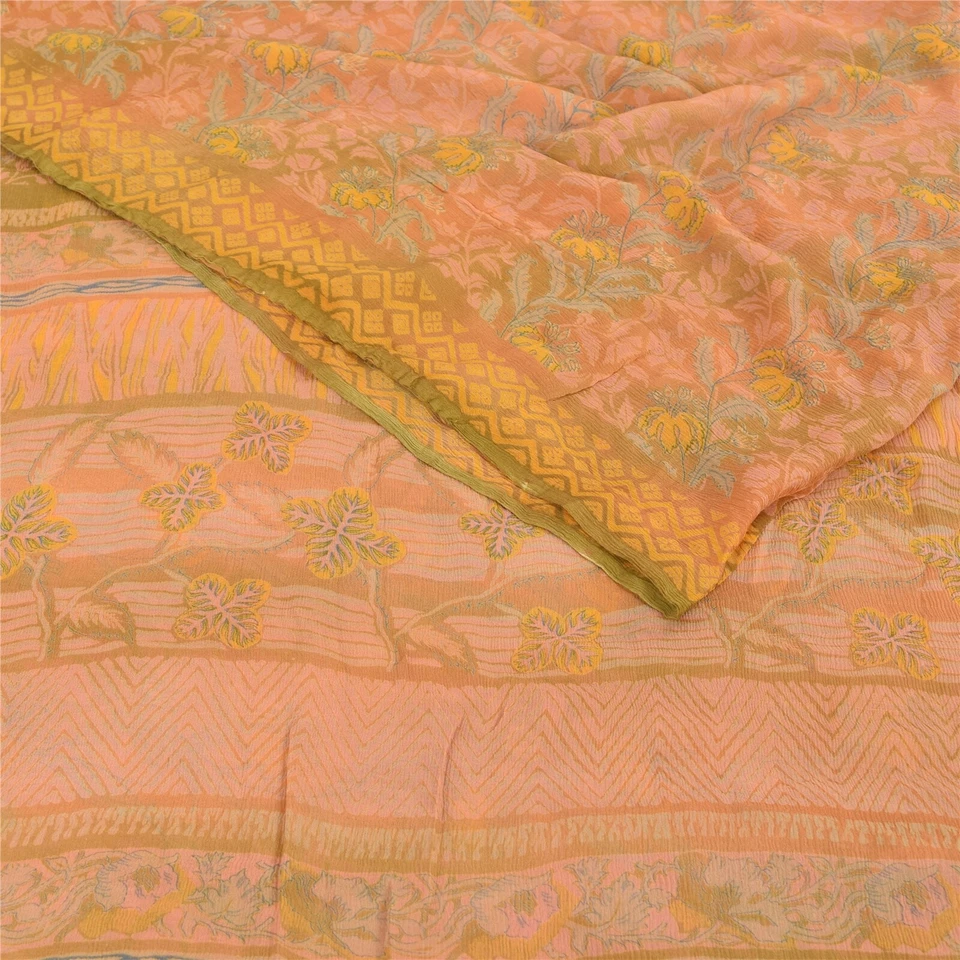 Sanskriti Vintage Sarees Indian Pink Pure Chiffon Silk Printed Sari Craft Fabric - Image 4 of 4