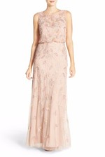 ADRIANNA PAPELL Blush Pink Floral Beaded Mesh Illusion Blouson Gown Dress 10 US