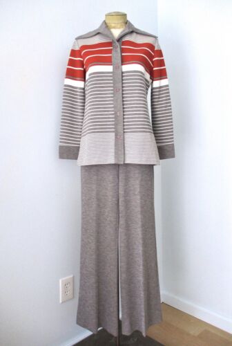Tuta blusa vintage anni 60 70 grigia righe ruggine 2 pezzi vita alta ampia svasata pantaloni 14 - Foto 1 di 11