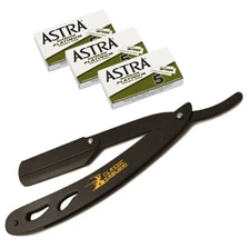 Matte Black Folding Straight Razor Shavette + 15 Astra Blades by Classic Samurai