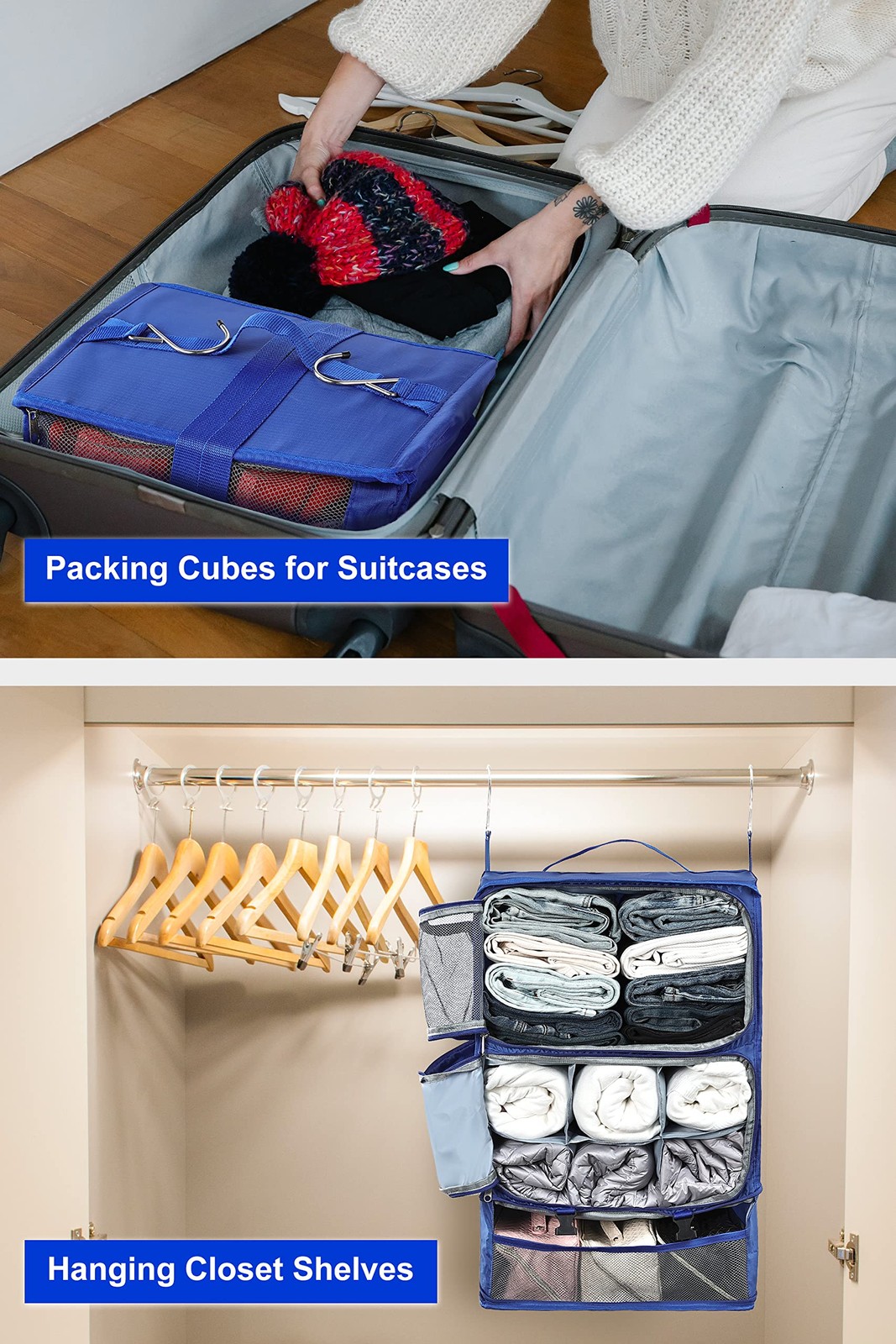 Hanging Packing Cubes Portable Closet 3-Shelf Travel Collapsible Compression ...