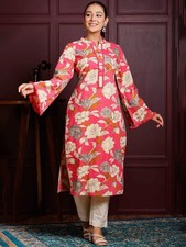 Indian Women BEAUTIFUL Pink COTTON Floral Printed Kurta Kurti Bell sleeves Dress