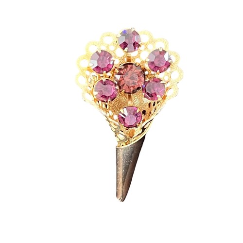 Vtg Purple Flower Brooch & Earrings Set Bouquet Gold Pin Rhinestones Retro Glam - Picture 4 of 13