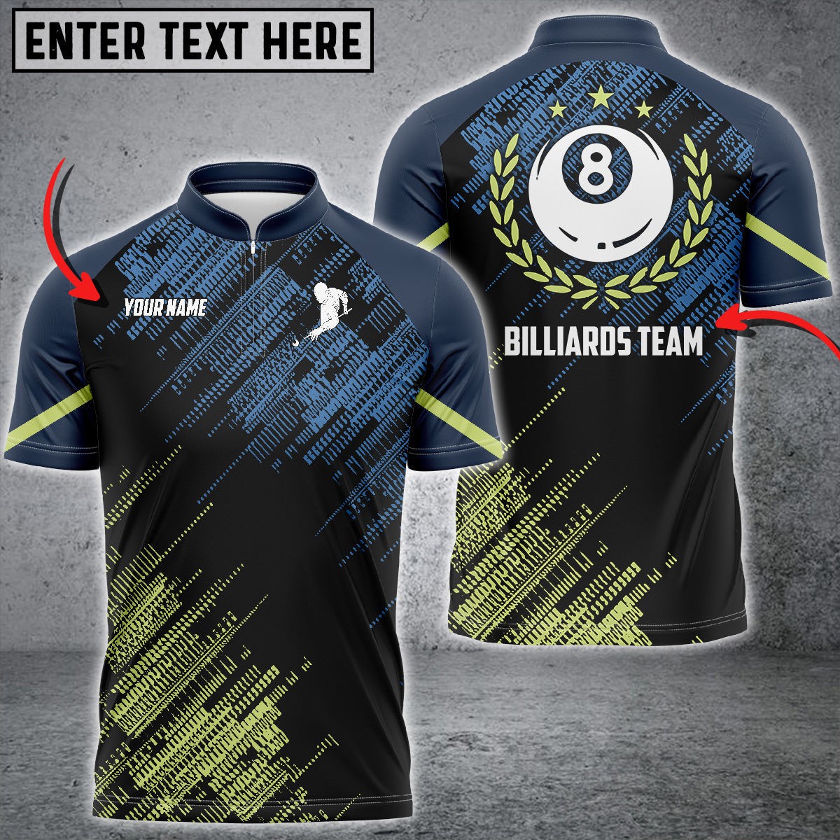Custom Lasfour Green Blue Sports Billiard Name Zipper Polo Shirt BIA0022