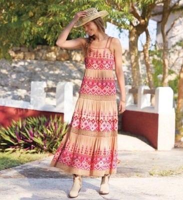 Sundance Embroidered Garden Sunset Maxi Dress Pink Tan Petite 12 12P NWT |  eBay