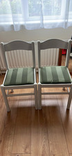 Set of 2 White Painted Wooden Dining Chairs, Upholstered Padded Green Stripe