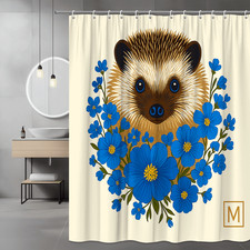 Hedgehog and Blue Flowers Shower Curtain Floral Graphic