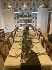 Rustic cross back oak dinning/event chairs with washable cushions and covers