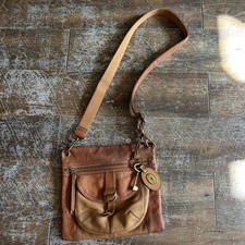 Vintage Fossil Sasha Crossbody Bag Tan Cognac Pebbled Leather Brass Key