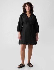 New Gap Elbow Balloon Sleeve Dress Black 100% Cotton Medium Petite Eyelet V-Neck