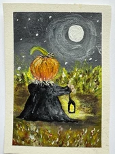 ACEO Art Card Original Painting –Moon/Pumpkin Doll/Lantern/Acrylic Painting