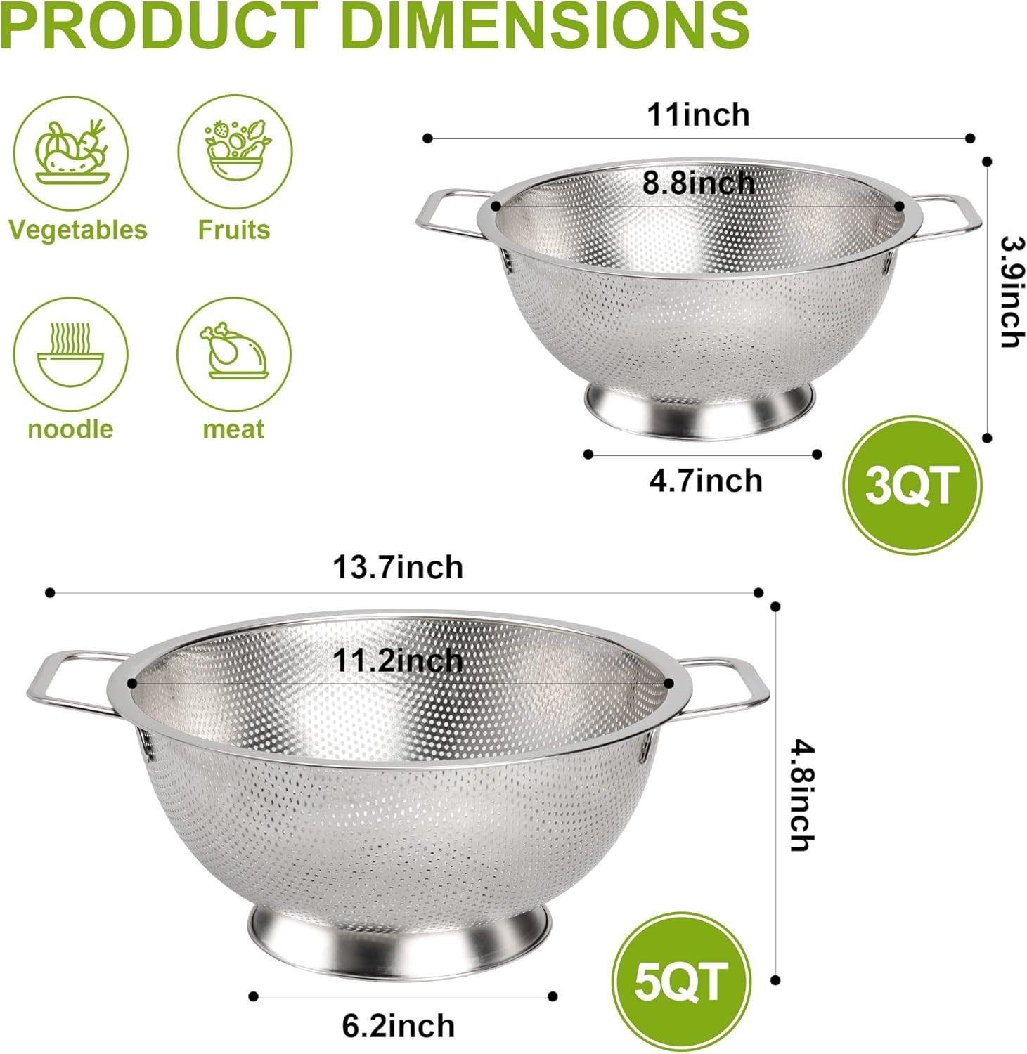 Colander Stainless Steel 3-Quart, Strainer for Kitchen Food, Dishwasher Safe