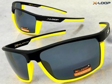 Men Sporty Biker Fishing Cycling Wrap SUN GLASSES Black  Yellow Frame Dark Lens