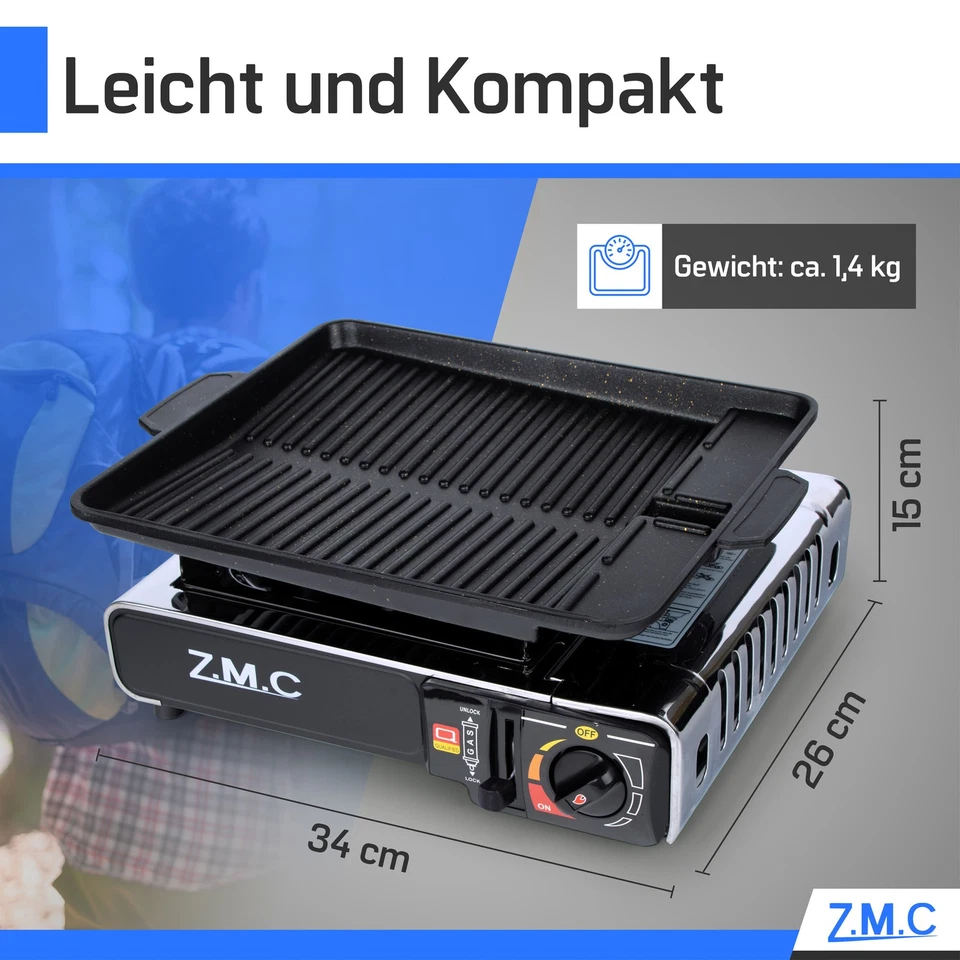ZMC Edelstahl Campingkocher 1 Flammig Gaskocher, Grillplatte + 8x Gaskartuschen - Bild 3 von 4