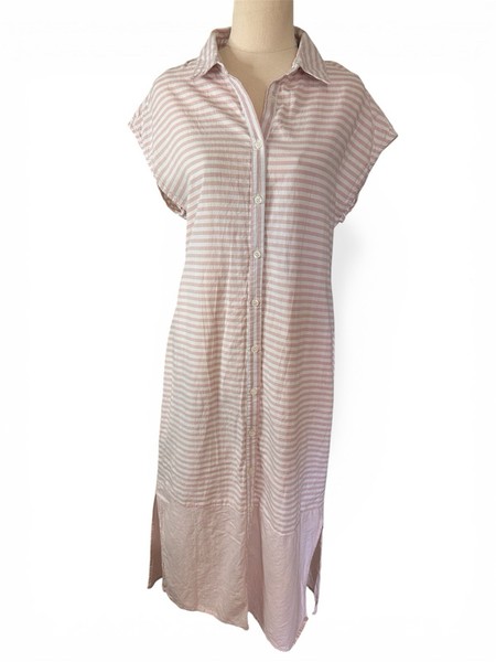 KATIES Pink Striped Midi Dress Size 10 ~ Cotton Button Up Loose Shirt Collared 