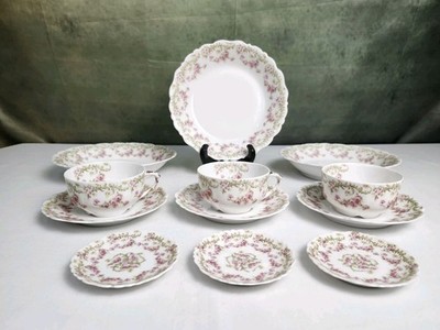 Antique Elite Limoges France Mermod Jaccard 12pc Tea Set Pink Rose Soup Cups