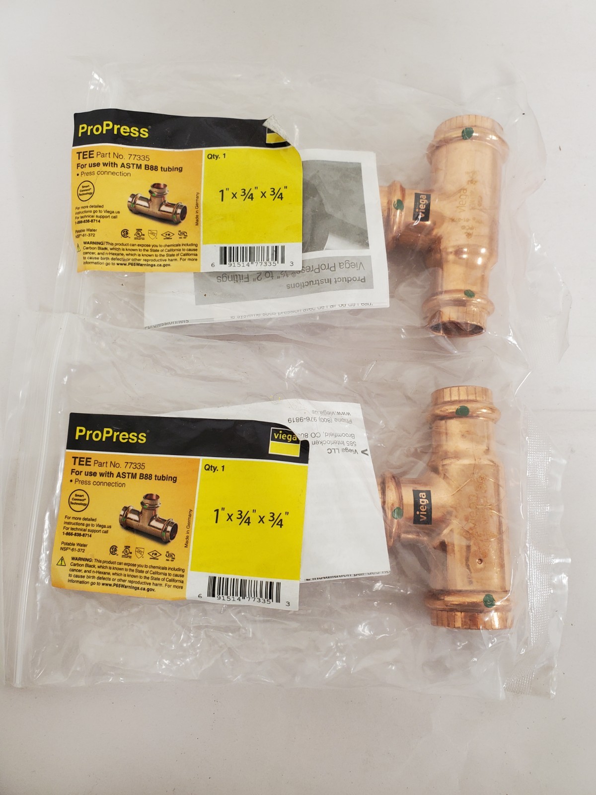 *LOT OF 2* Viega ProPress 1 in. x 3/4 in. x 3/4 in. Press Copper Reducing Tee