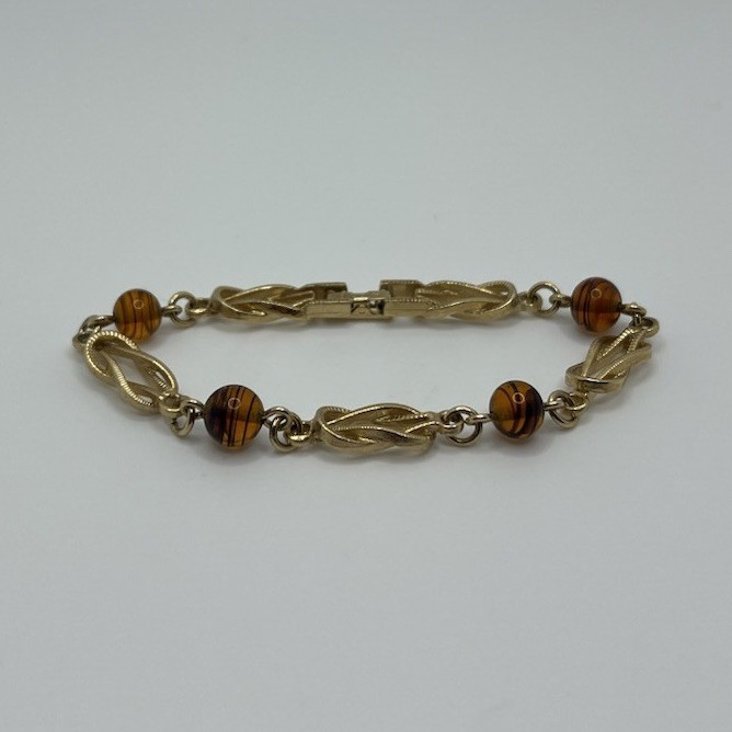 Vintagen1970s Avon Signed Tortelle Gold Tone Knot Bracelet Parel Link Glass Bead
