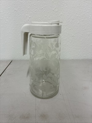 Vintage 1 Quart Tang Glass Pitcher White Lid Tiger Lily Etched Carafe 1970s