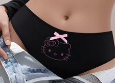 Sanrio Women s Kawaii Hello Kitty Mid-Rise Shiny Black Bikini Brief Panties L