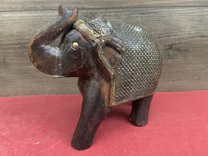 VTG Hand Carved Wood Elephant Statue From India 6” Tall Gold Accents  King Tut ?