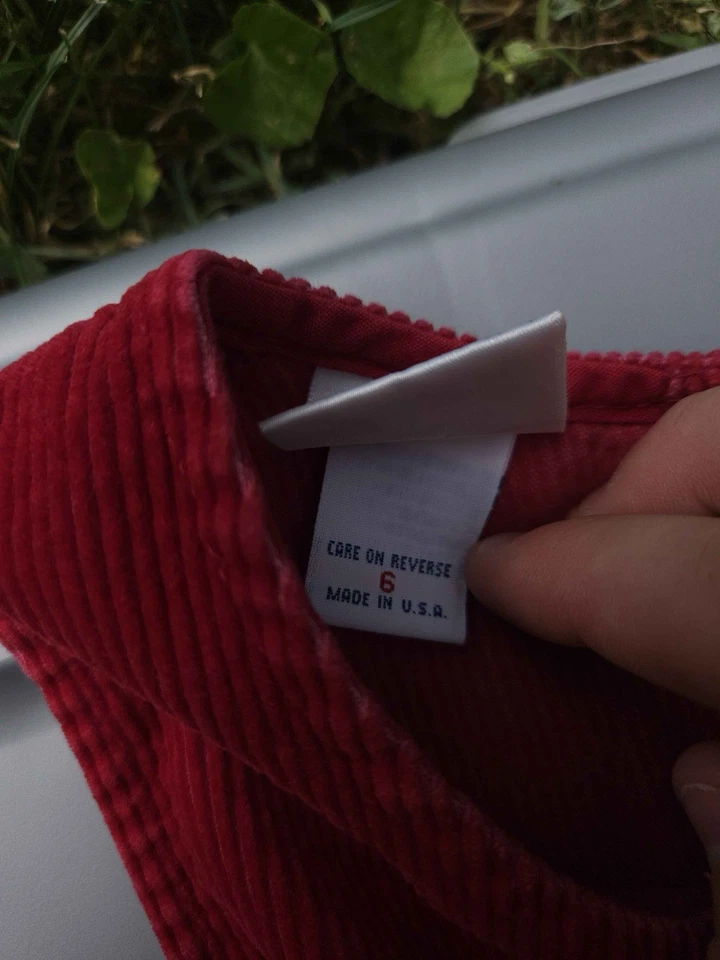 Vintage 80s Oshkosh Red Corduroy Dress Floral Girls 6 Made In USA Rare Fall - Image 4 of 4