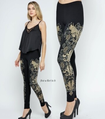 USA New VOCAL Womens CRYSTAL BLACK FLEUR DE LIS ANGEL WINGS LEGGINGS S M L XL
