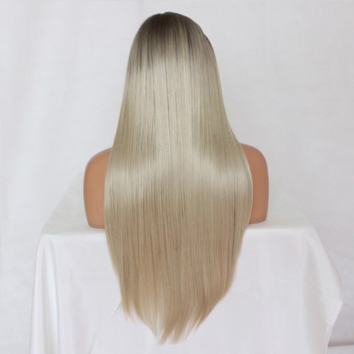 Full Machine Made Long Straight Blonde Wig Black Roots Middle Parting