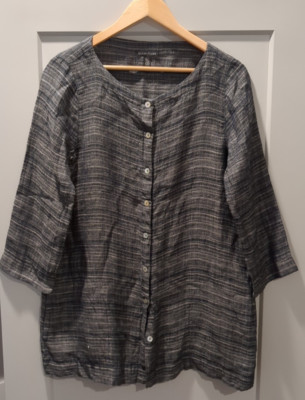 Eileen Fisher Coastline 3/4-Sleeve Organic Linen Top Tunic Gray Button Up Small