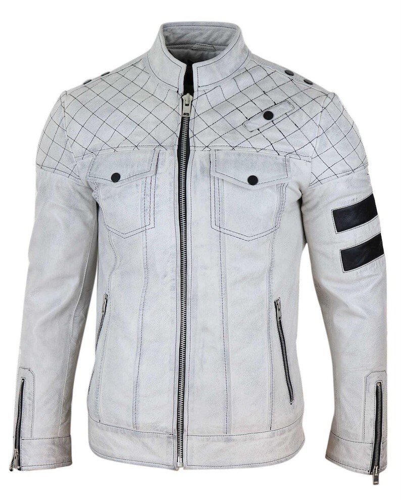 Men's Black & White Striped Napa Leather Biker Jacket with Zipper