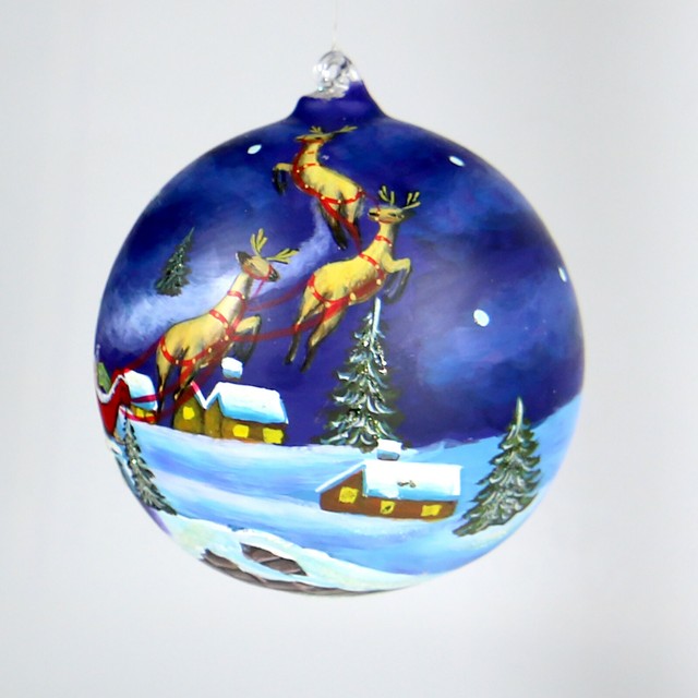 Dillards Trimming Painted Blown Glass Ornament Santa with Reindeer 2002