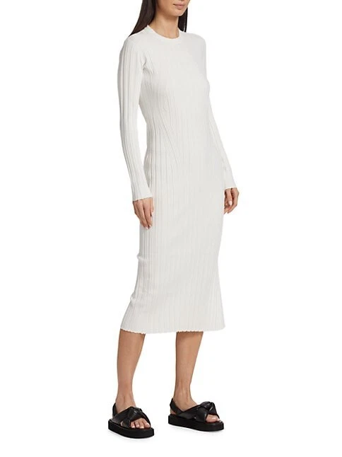 OFF WHITE MAGLIONE A COSTINE NUOVO CON ETICHETTE TELAIO BIANCO SPORCO GIROCOLLO MANICA LUNGA ABITO MIDI TAGLIA L $495