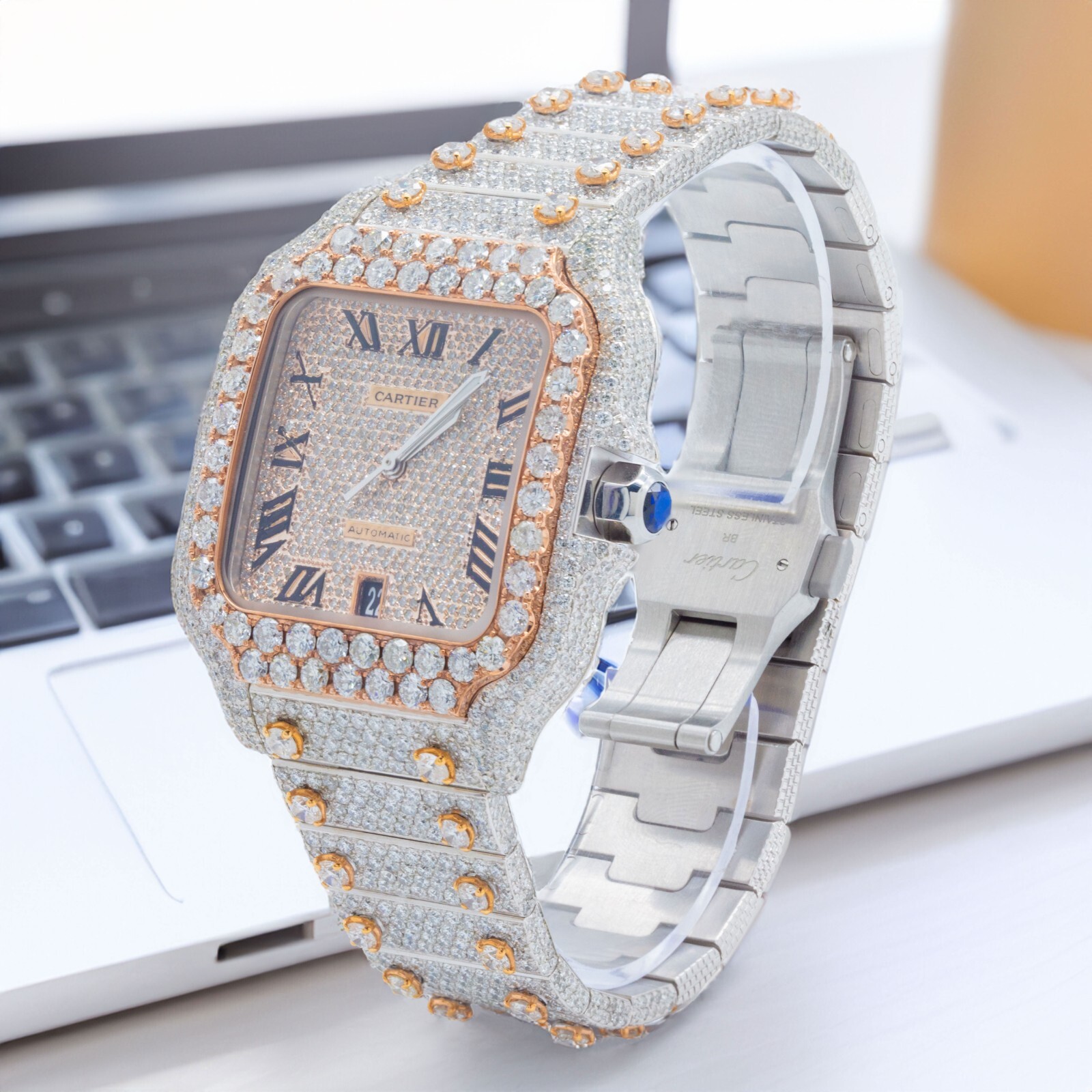 Cartier Santos Large 40mm WSSA0018 Two Tone Iced Out 29.28 CT