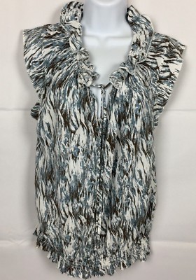 Elena Solano Size XL Blouse Top Button Down Cap Sleeve Ruffle Neck Gray Marble 