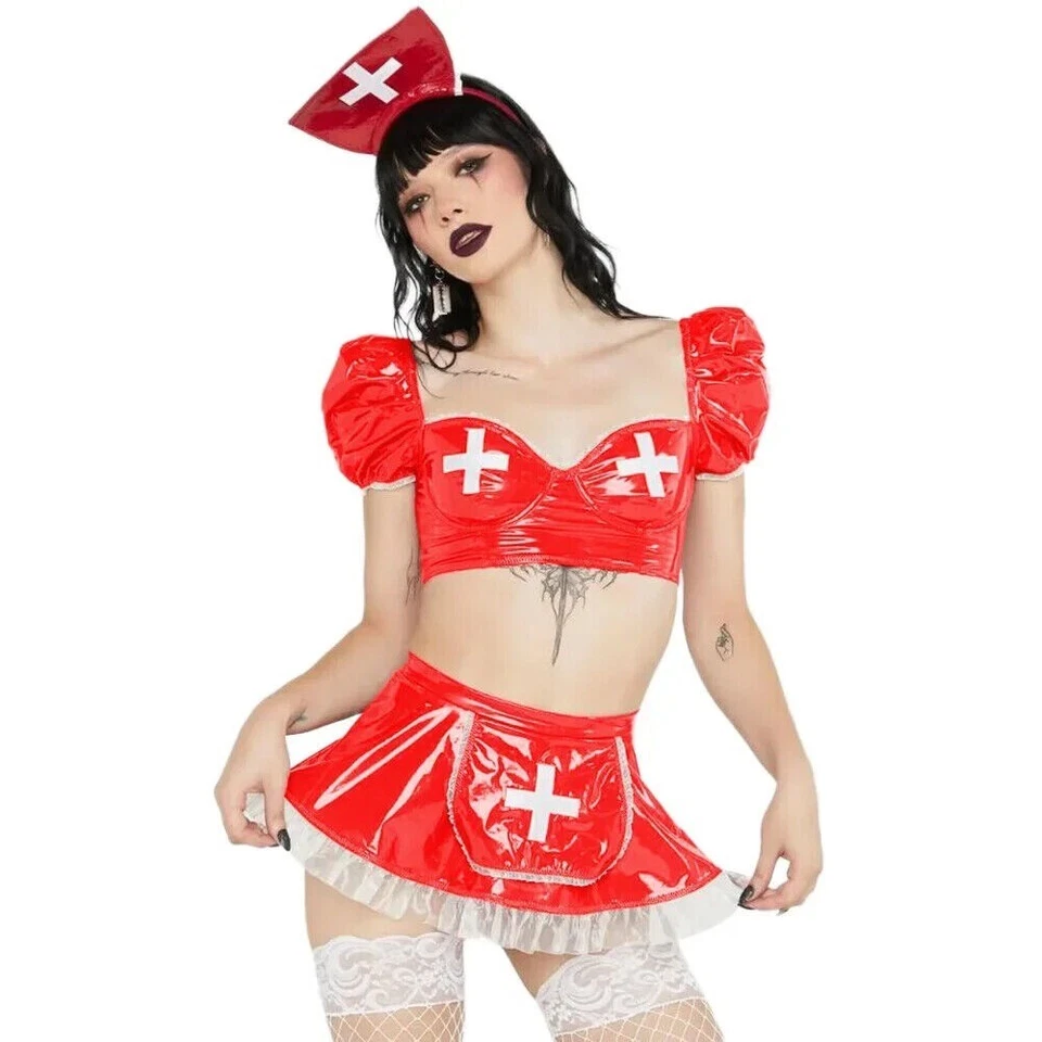 Sexy Disfraz de Enfermera de Cuero PVC Wetlook Vestido Trajes Volantes Manga Abullonada Top Corto Foto 2 de 4