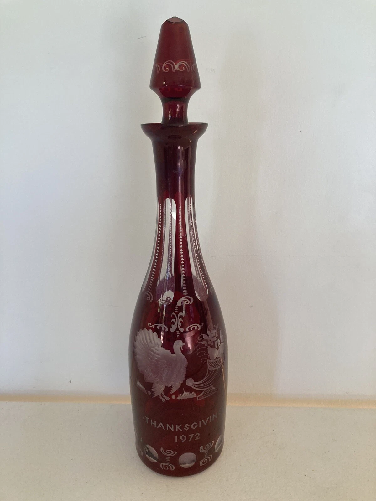 Egermann Decanter THANKSGIVING 1972 Red Bohemian Czech Art Glass Red Cut Clear