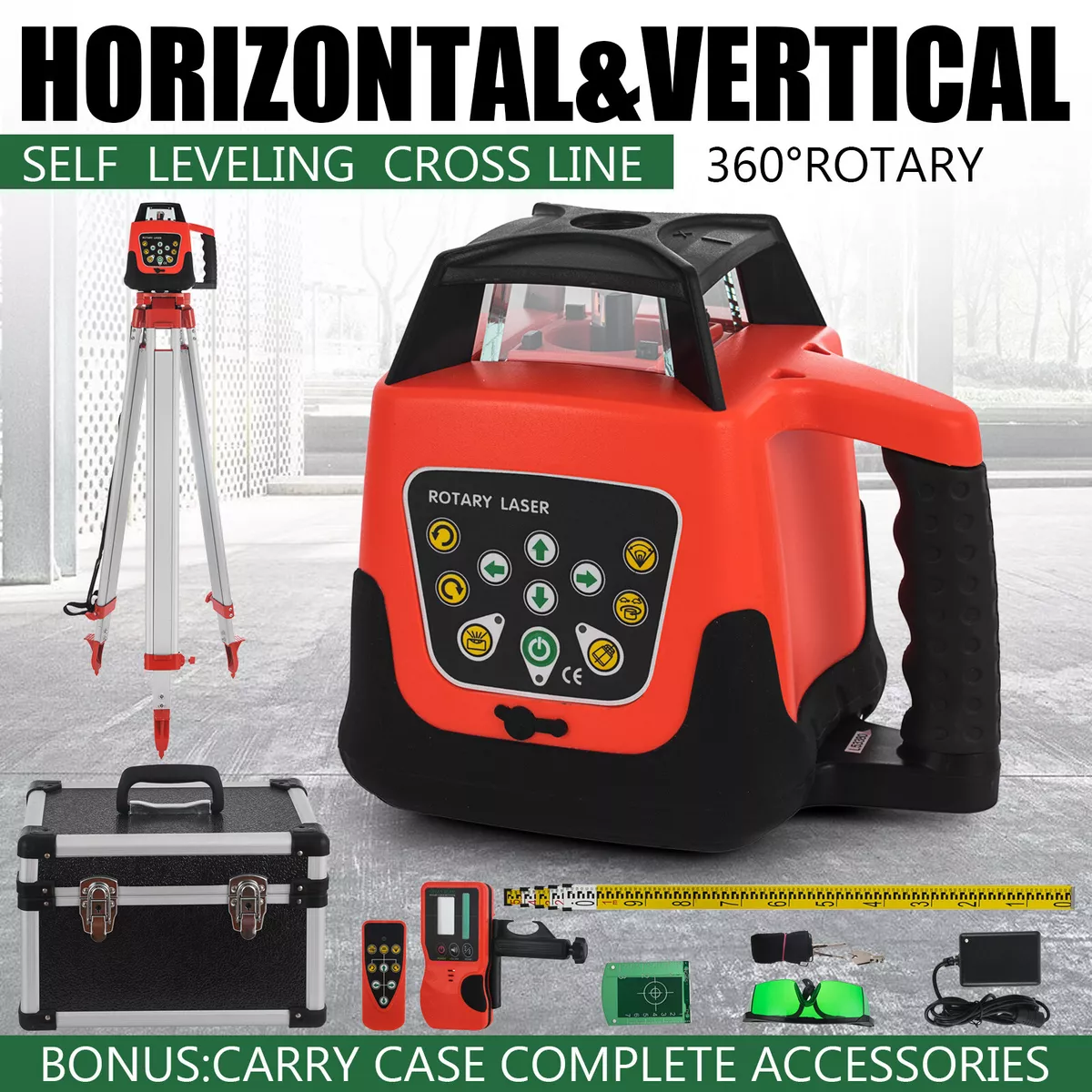 Green Rotary Laser Level 1.65m Tripod 5m Staff W case Self Rotating Laser Level
