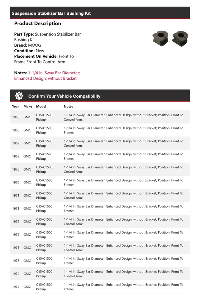 Kit de buje barra estabilizadora suspensión camioneta GMC C15/C1500 1968-1974 MOOG Foto 2 de 4