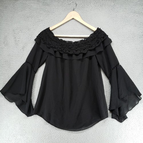 White House Black Market schwarz Häkel Schulterfrei Top Bluse Glockenärmel Gr. S