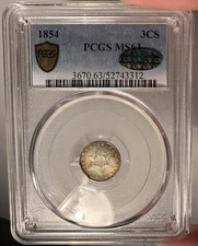 1854 3cS PCGS MS 63 CAC Three Cent Silver Coin