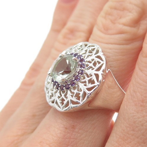 ROSS SIMONS 925 Sterling Silver Real Aquamarine & Amethyst Flower Ring Size 7.25 - Picture 2 of 9