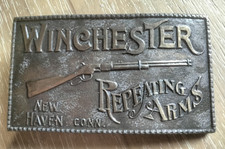 WINCHESTER Repeating Arms Brass Belt Buckle By Lewis Buckles Chicago IL Vintage